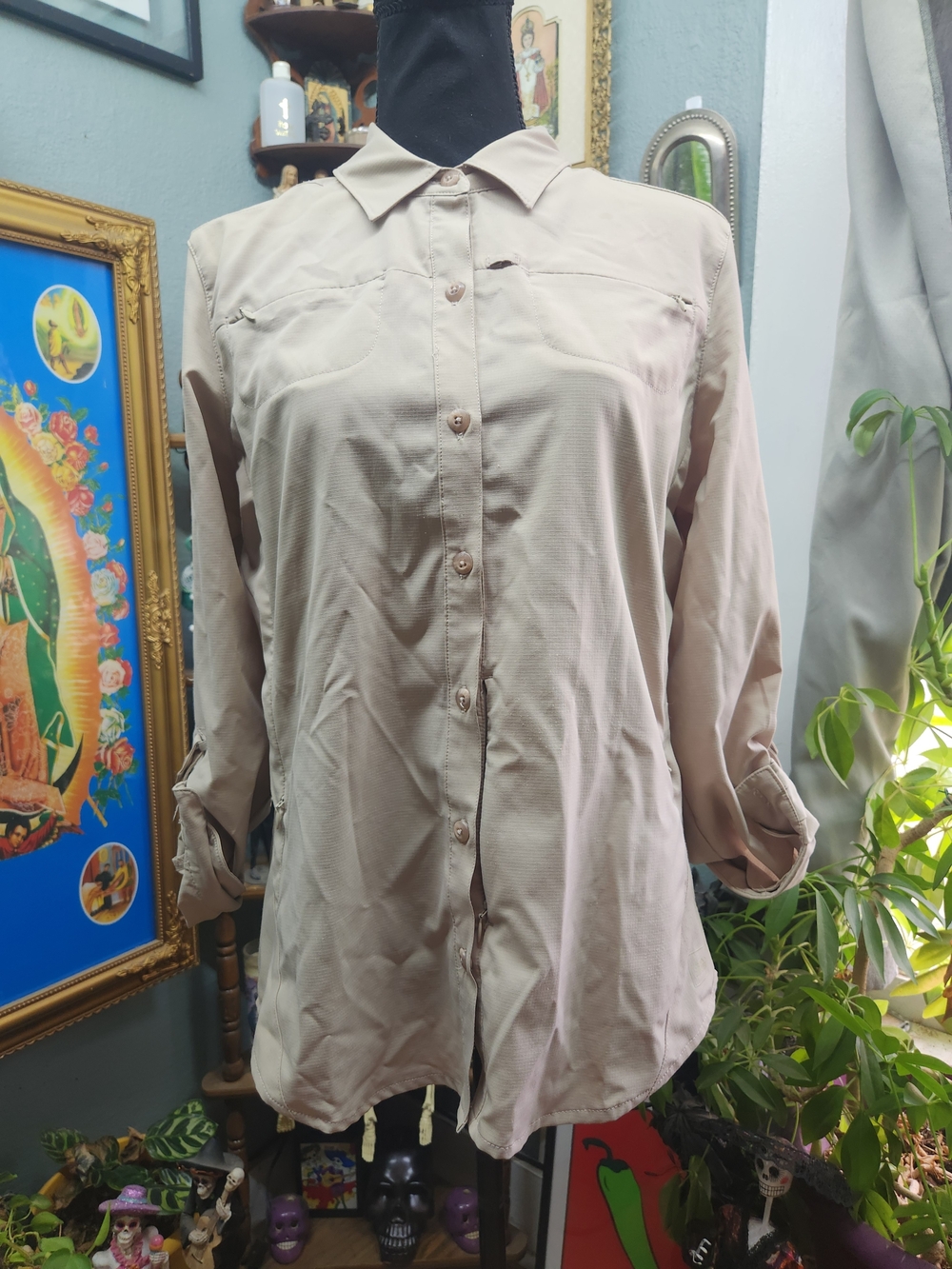 REI Hiking Beige Button-Down Long Sleeve Shirt